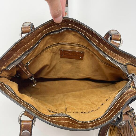 Patricia Nash Leather Poppy Tote Mini Meadows Floral‎ Print Brown Trim Tassels - Picture 9 of 14